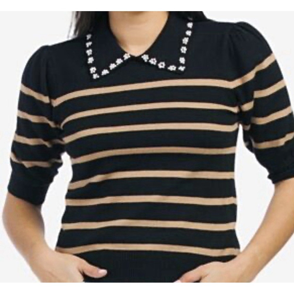 Laundry by Shelli Segal Women Pullover Sweater M Black/Beige Striped Beaded